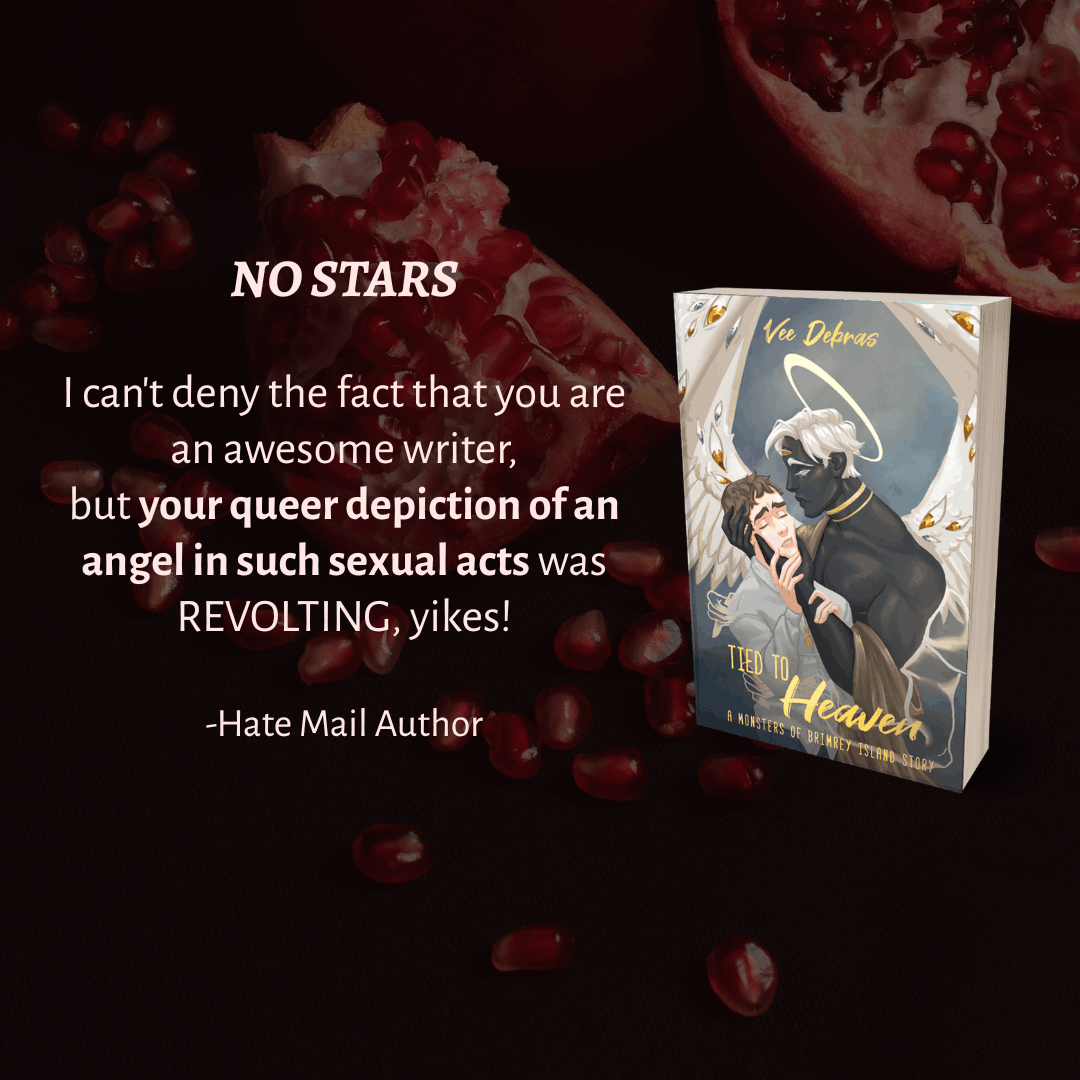 No stars review of Tied to Heaven by Vee Debras by a hate mail author: "I can't deny the fact that you're an awesome writer, but your queer depiction of an angel in such sexual acts was revolting, yikes!