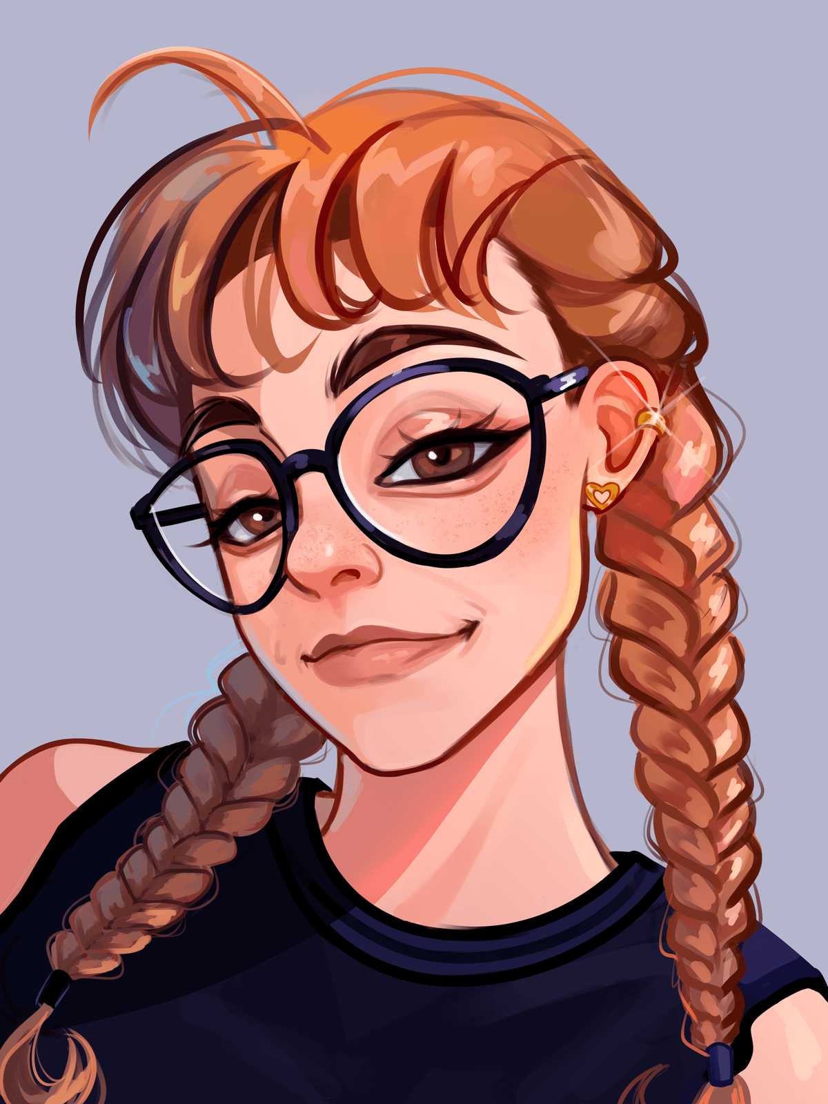 Illustrated portrait of Vee Debras. They're a white person with long braided hair and glasses.