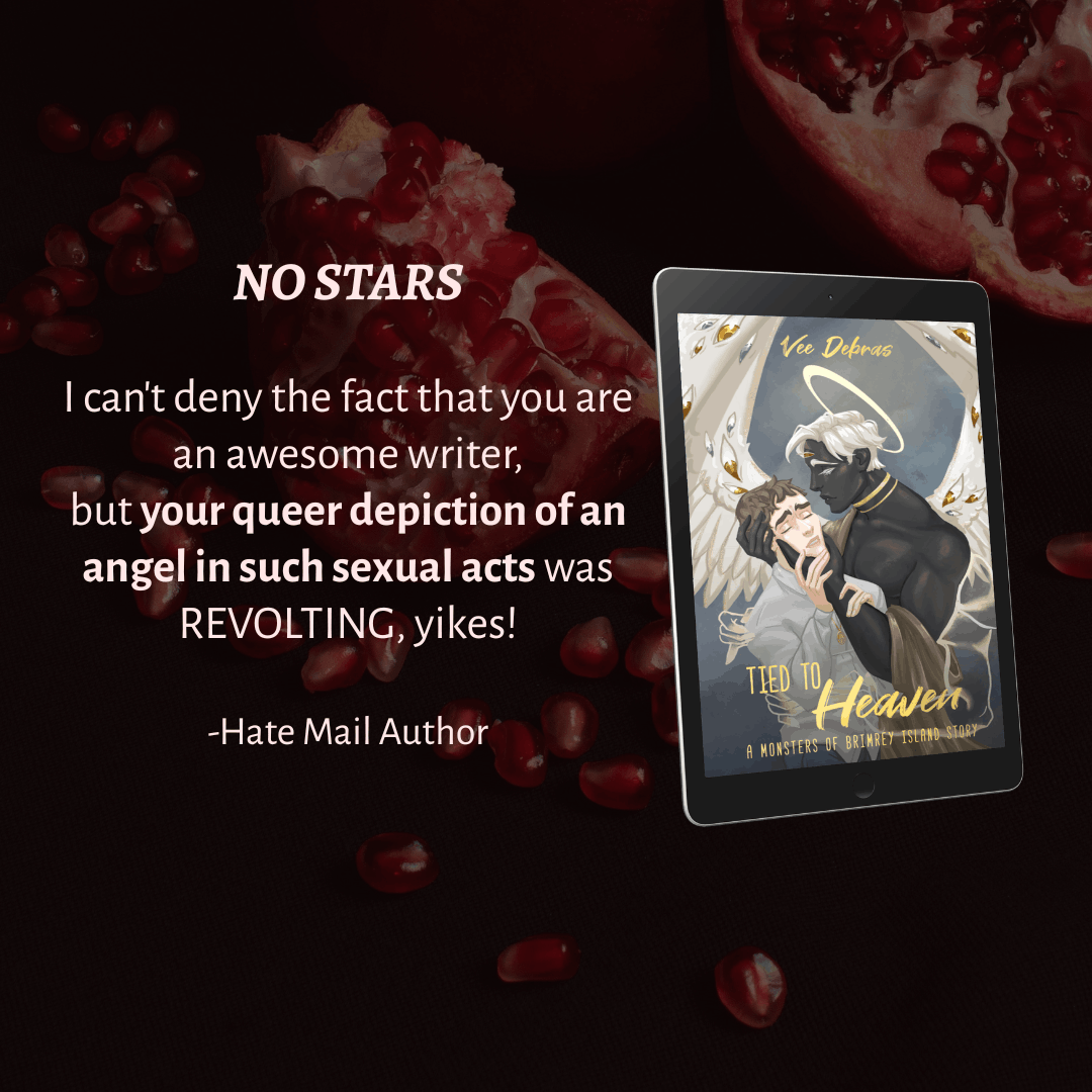 No stars review of Tied to Heaven by Vee Debras by a hate mail author: "I can't deny the fact that you're an awesome writer, but your queer depiction of an angel in such sexual acts was revolting, yikes!