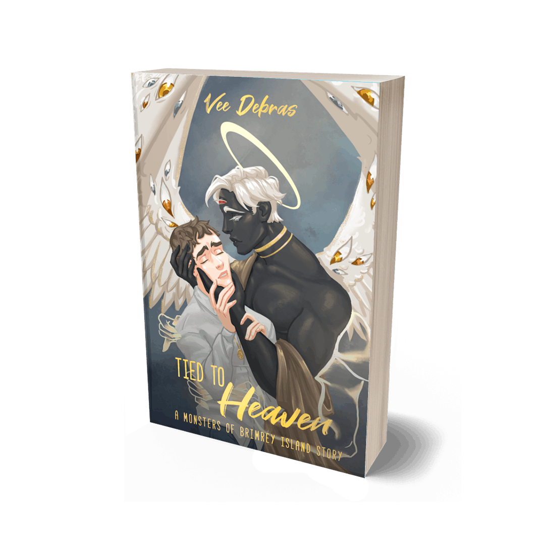 Paperback mockup of Tied to Heaven by Vee Debras