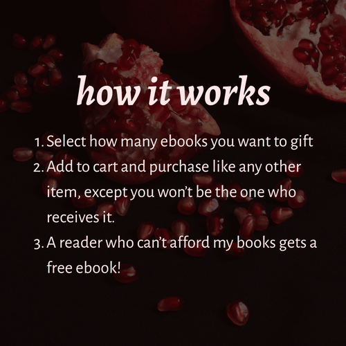 How it works: Select how many ebooks you want to gift
Add to cart and purchase like any other item, except you won’t be the one who receives it.
A reader who can’t afford my books gets a free ebook!