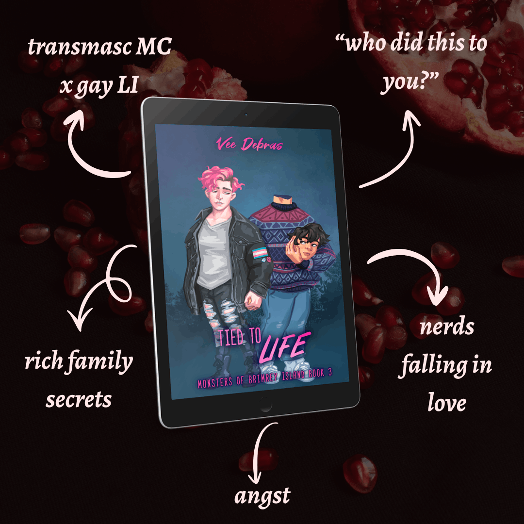Tropes for Tied to Life by Vee Debras: transmasc main character x gay love interest, "who did this to you?", rich family secrets, angst nerds falling in love.