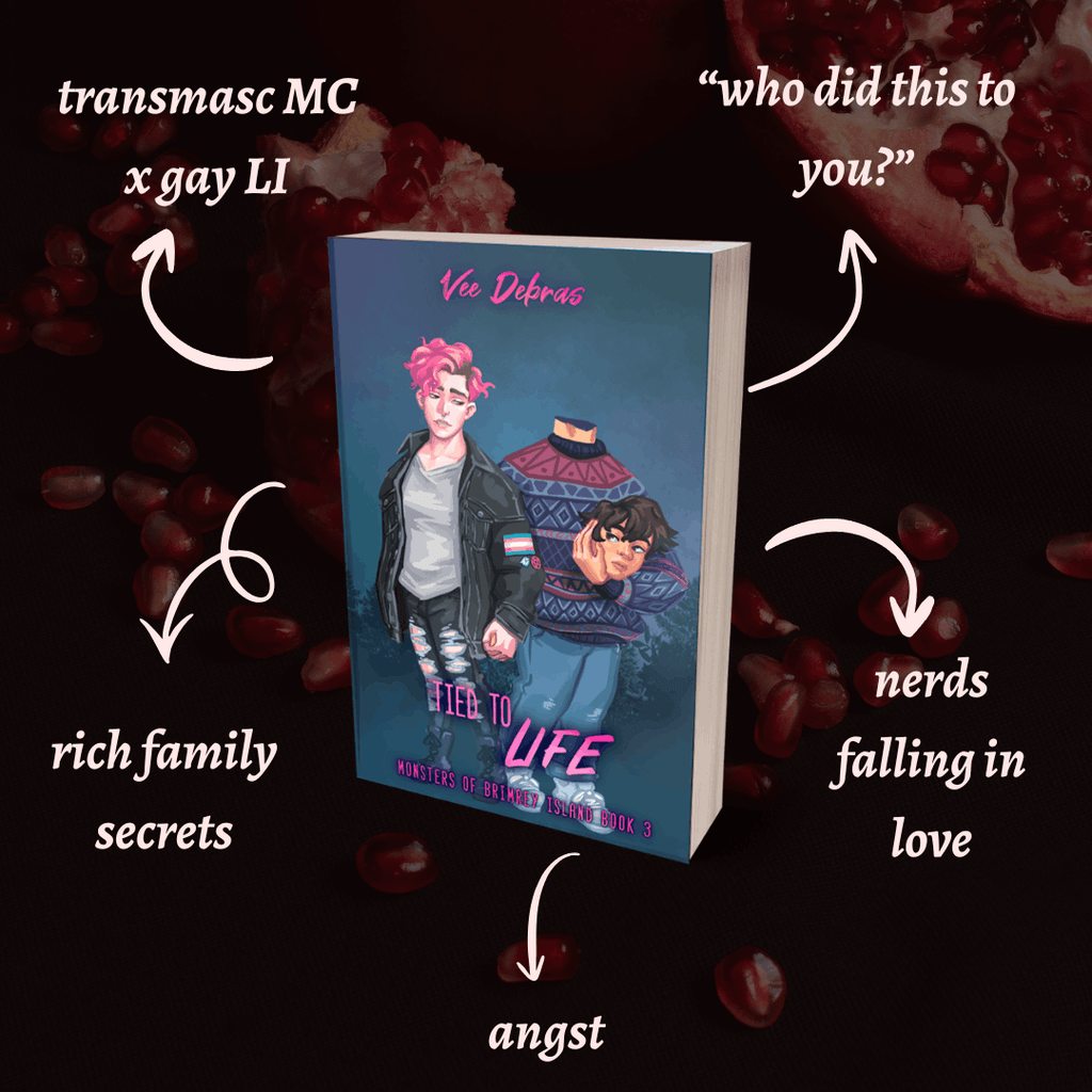 Tropes for Tied to Life by Vee Debras: transmasc main character x gay love interest, "who did this to you?", rich family secrets, angst nerds falling in love.