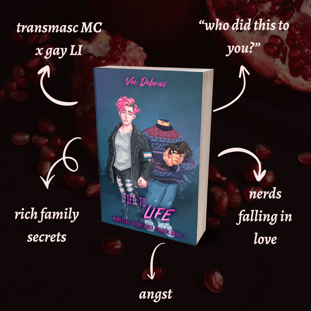 Tropes for Tied to Life by Vee Debras: transmasc main character x gay love interest, "who did this to you?", rich family secrets, angst nerds falling in love.